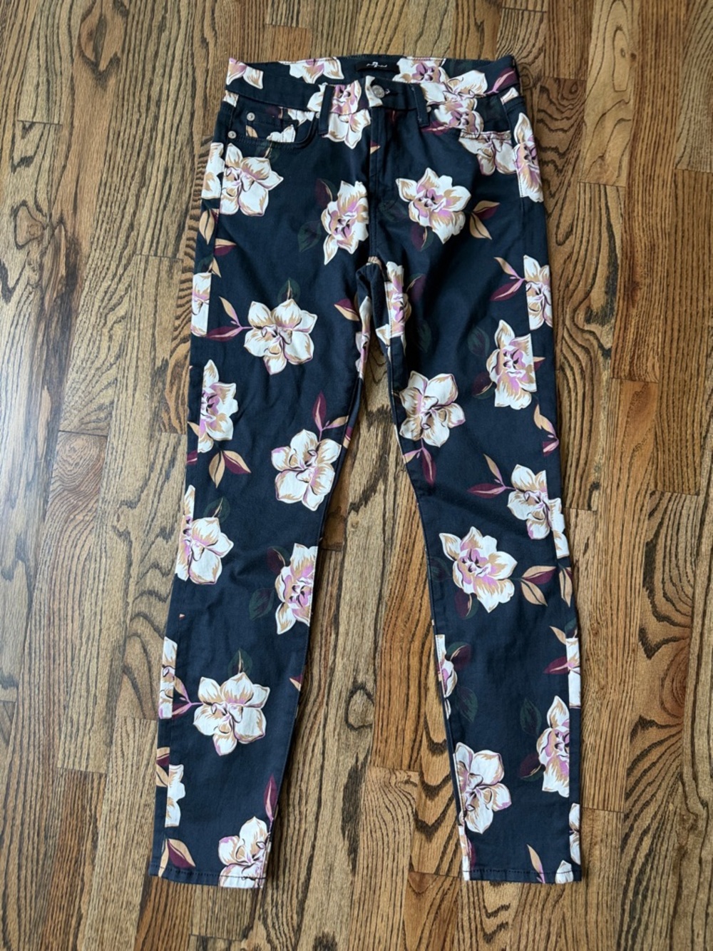 Navy Floral Skinny Pants with Cream & Pink Flowers